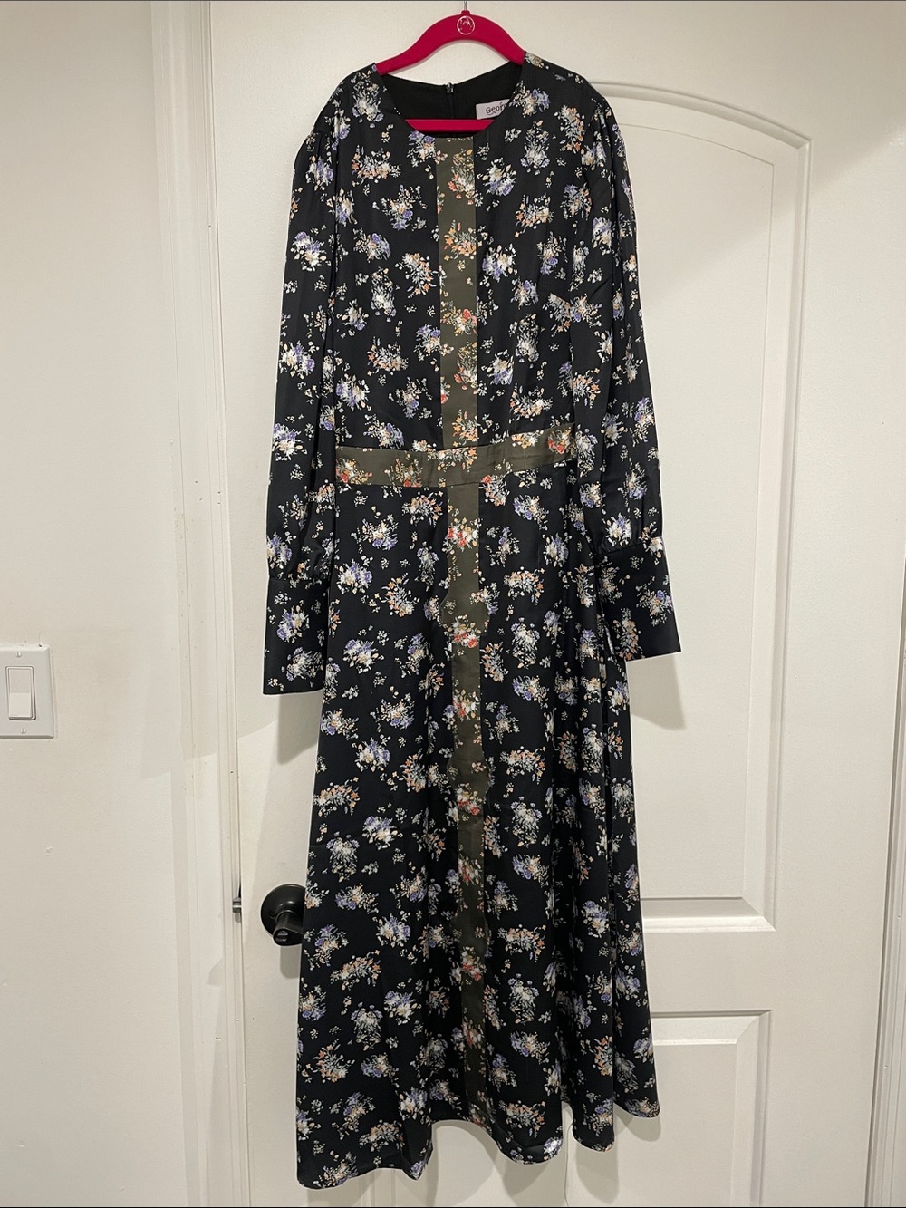 Floral Black Maxi Dress with Olive Trim by